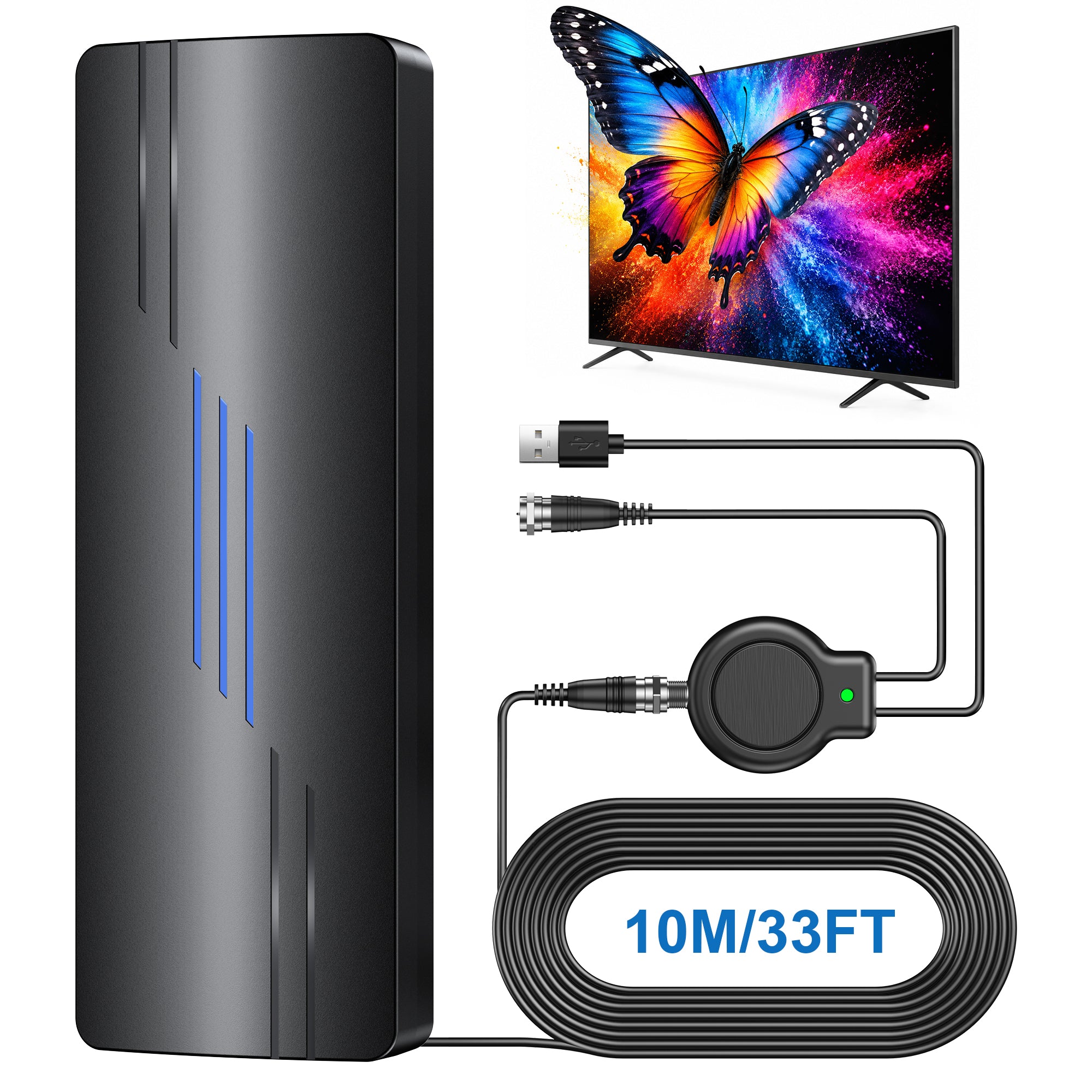2026 Upgraded TV Antenna for Smart TV, 1800+ Miles Range Strongest for Local Channels with Waterproof Design, 32FT Coax Cable-Support 4K 1080p TV Antenna Indoor Ourdoor(Blue)
